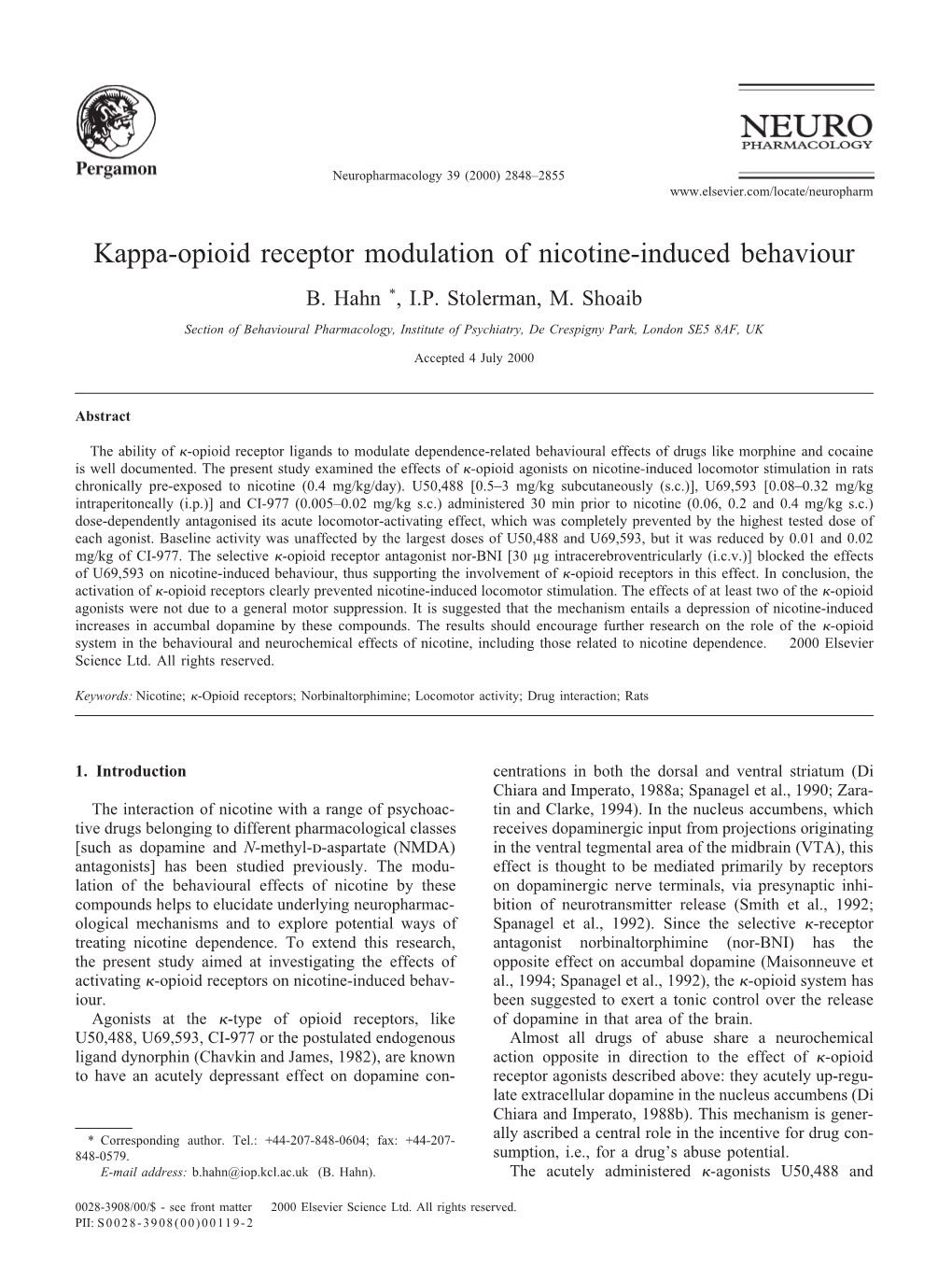 Kappa-Opioid Receptor Modulation of Nicotine-Induced Behaviour B