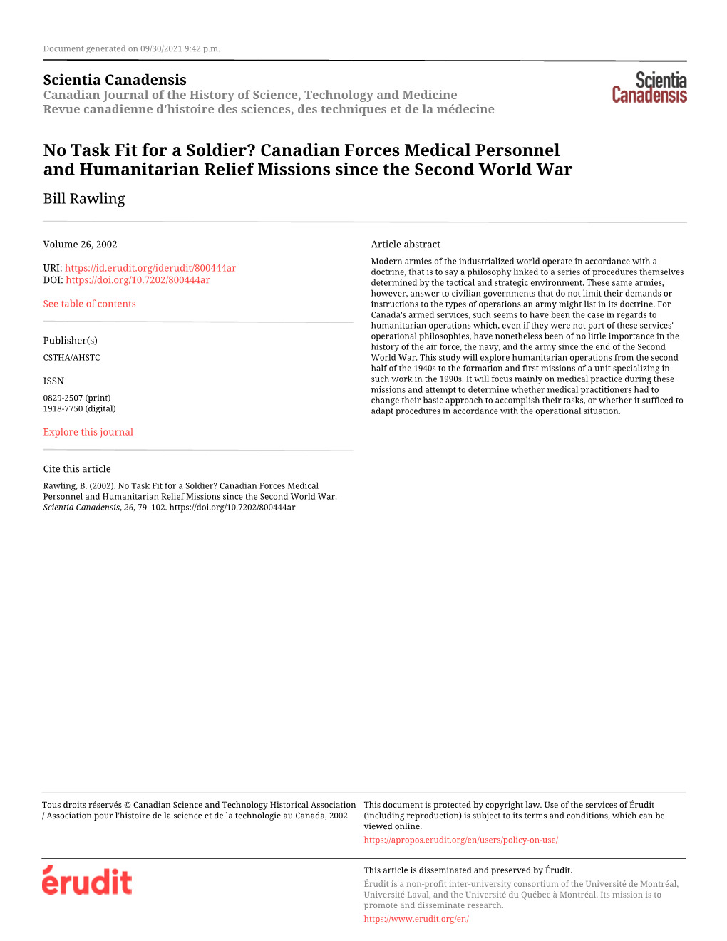 Canadian Forces Medical Personnel and Humanitarian Relief Missions Since the Second World War Bill Rawling