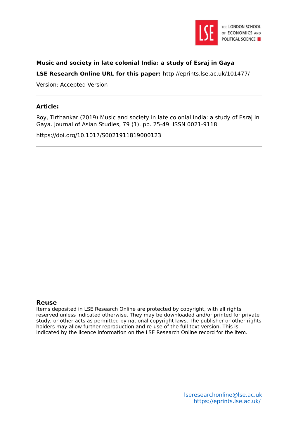 Music and Society in Late Colonial India: a Study of Esraj in Gaya LSE Research Online URL for This Paper: Version: Accepted Version