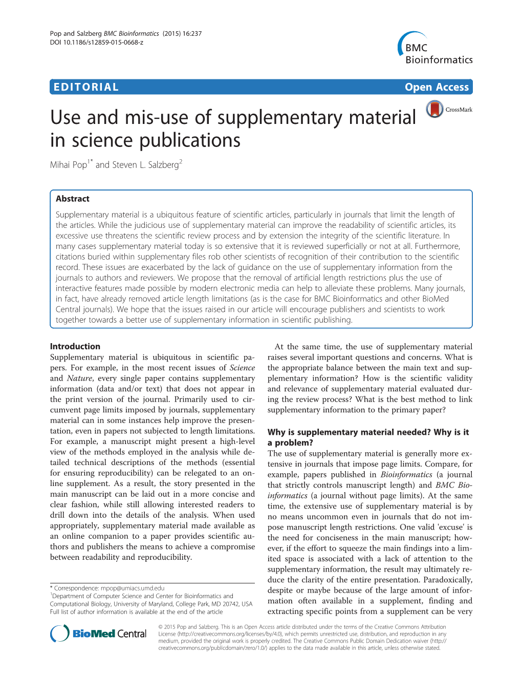 Use and Mis-Use of Supplementary Material in Science Publications Mihai Pop1* and Steven L