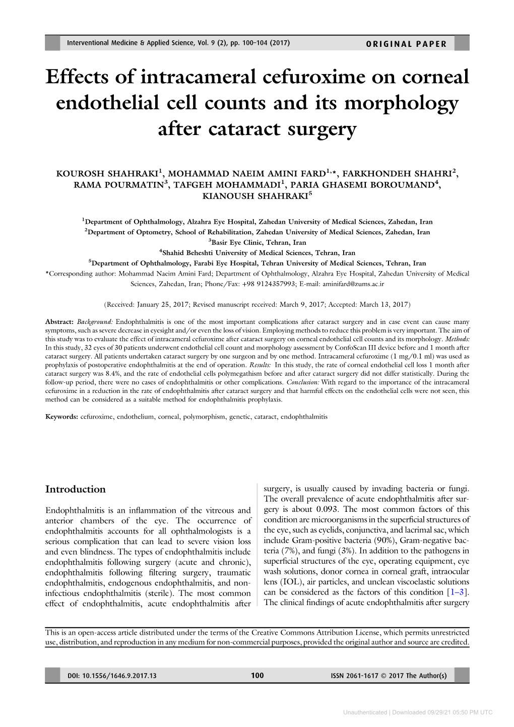 Effects of Intracameral Cefuroxime on Corneal Endothelial Cell Counts and Its Morphology After Cataract Surgery