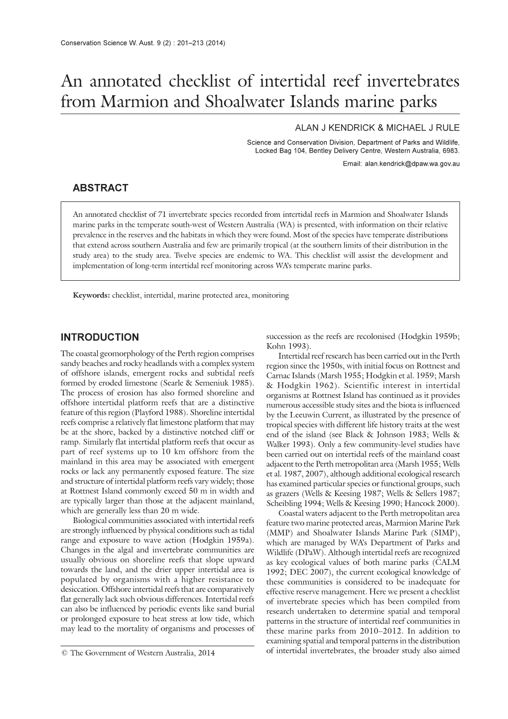 An Annotated Checklist of Intertidal Reef Invertebrates from Marmion and Shoalwater Islands Marine Parks