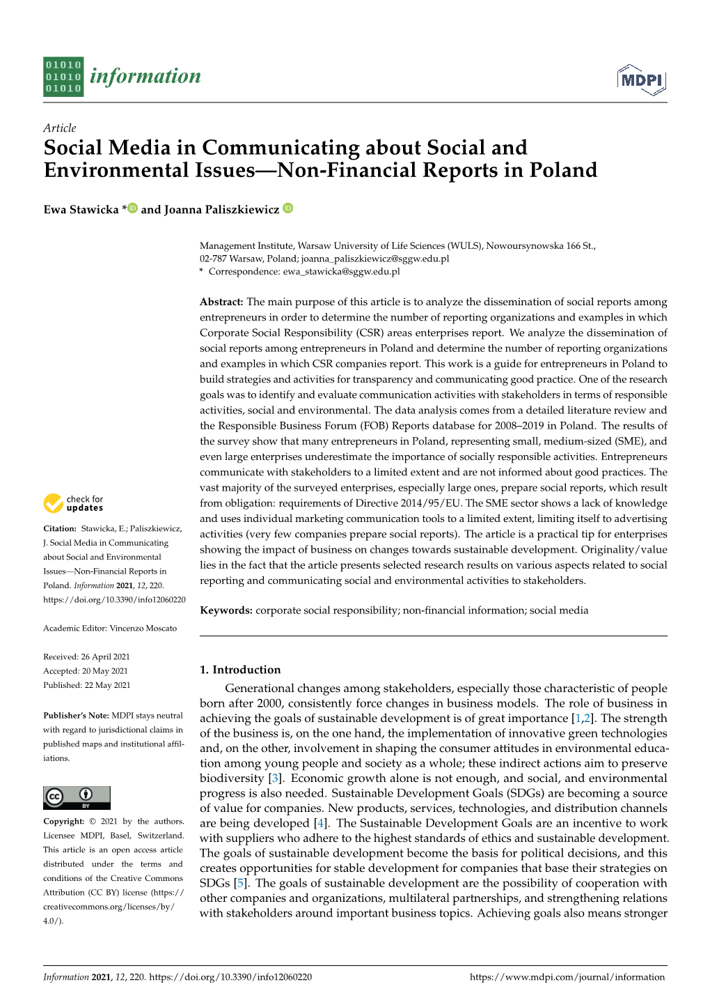 Social Media in Communicating About Social and Environmental Issues—Non-Financial Reports in Poland