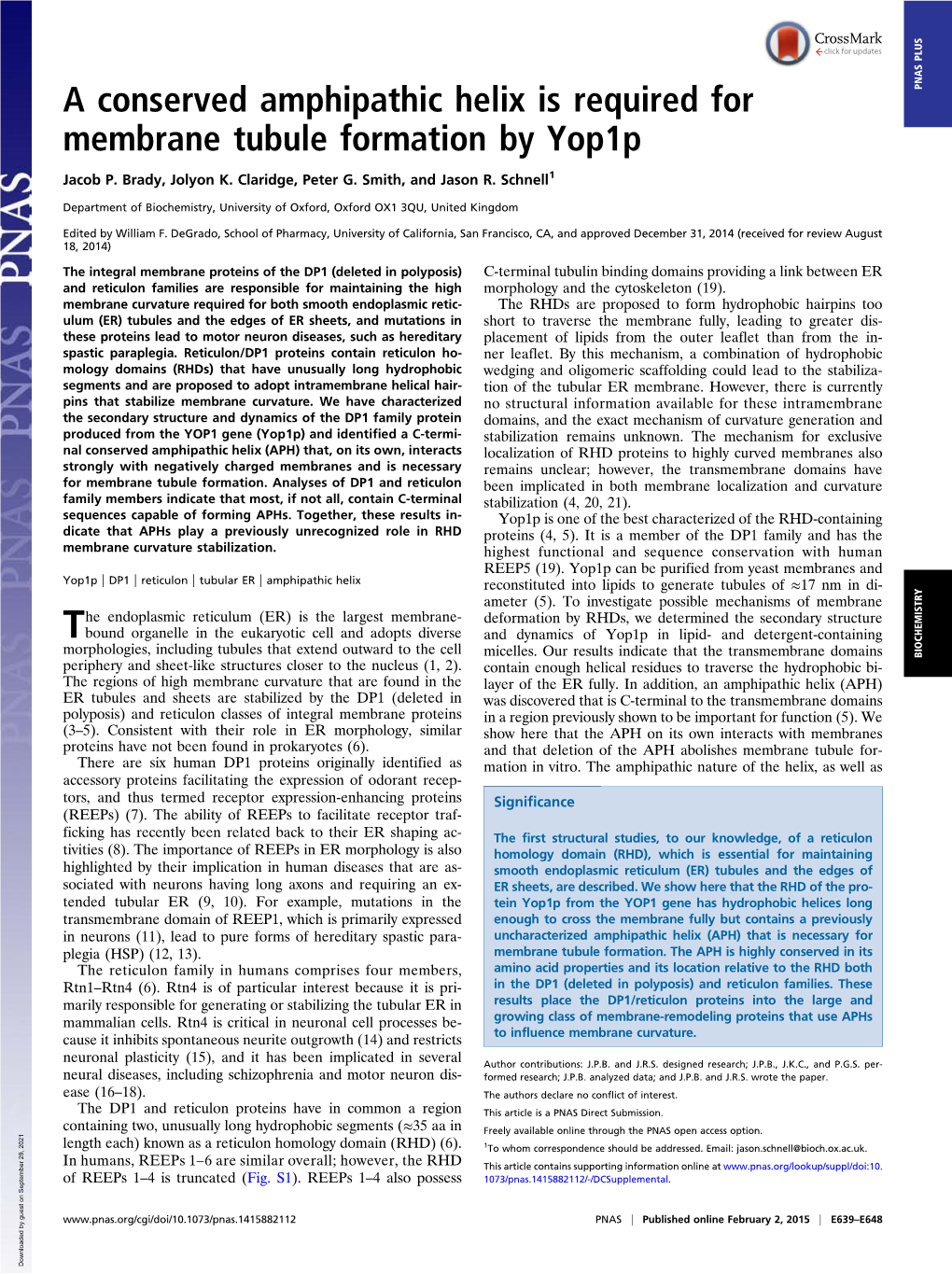 A Conserved Amphipathic Helix Is Required for Membrane Tubule Formation by Yop1p