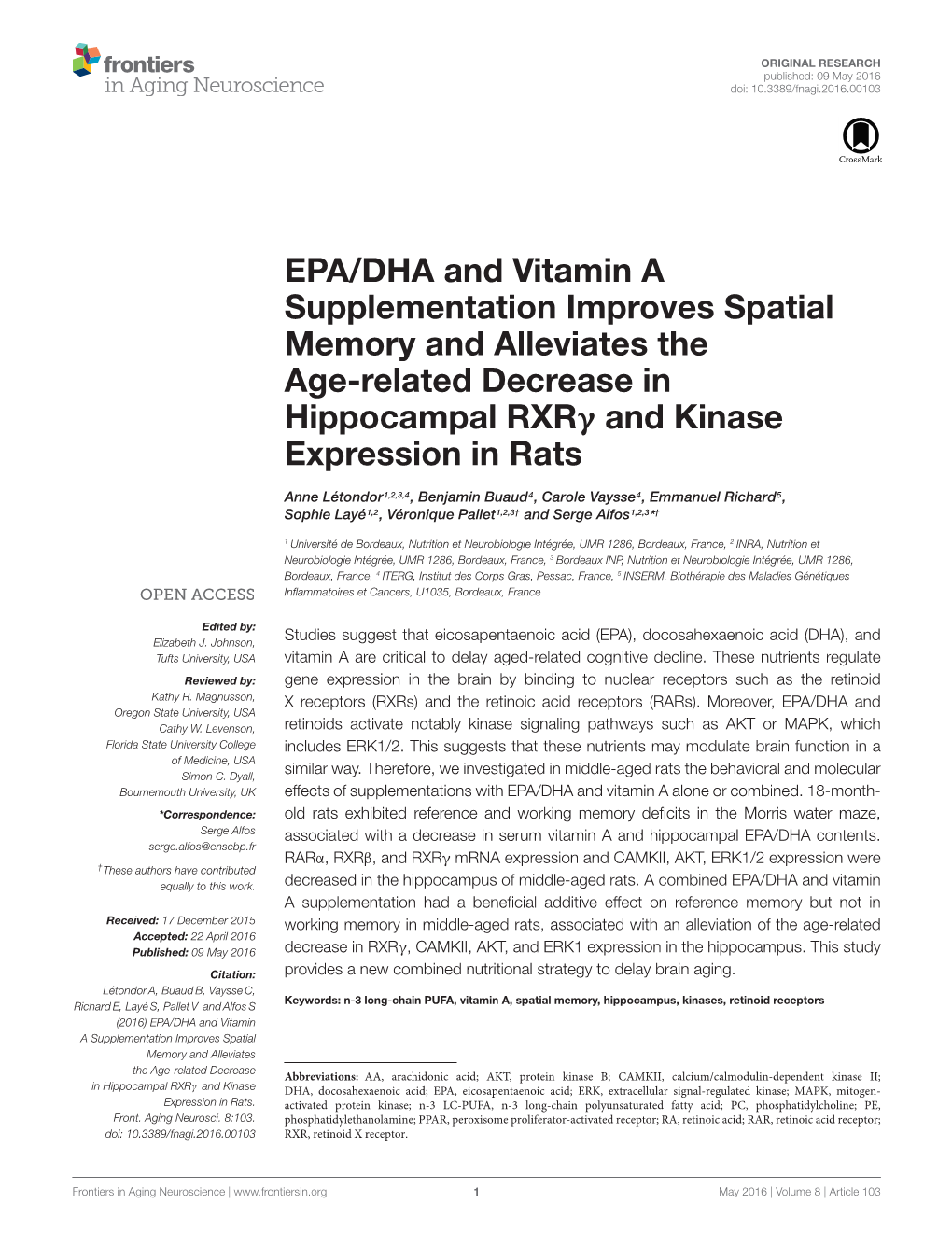 EPA/DHA and Vitamin a Supplementation Improves Spatial Memory and Alleviates the Age-Related Decrease in Hippocampal Rxrγ and Kinase Expression in Rats