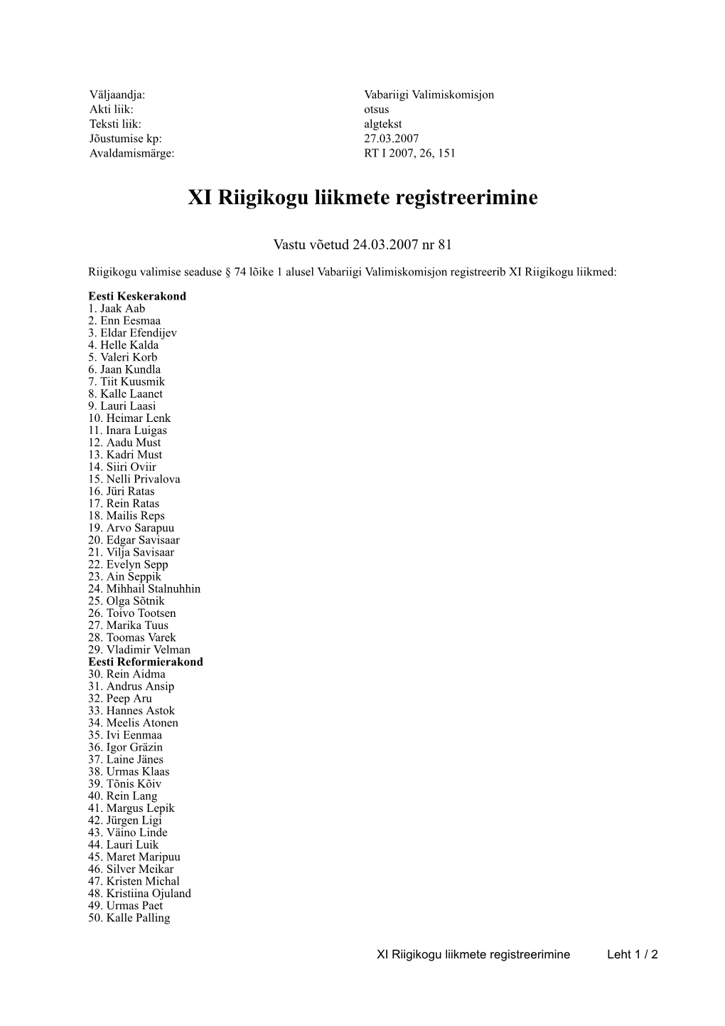 XI Riigikogu Liikmete Registreerimine