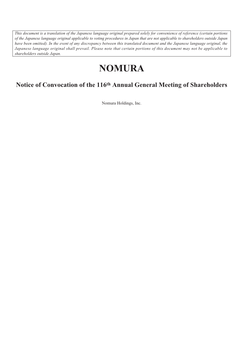 Nomura Holdings, Inc. Notice of Convocation of the 116Th Annual General Meeting of Shareholders (PDF)