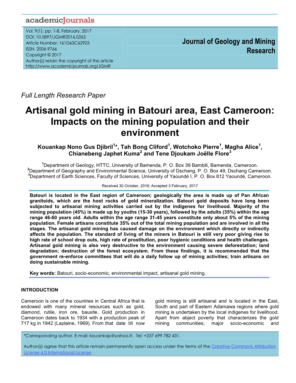 Artisanal Gold Mining in Batouri Area, East Cameroon: Impacts on the Mining Population and Their Environment