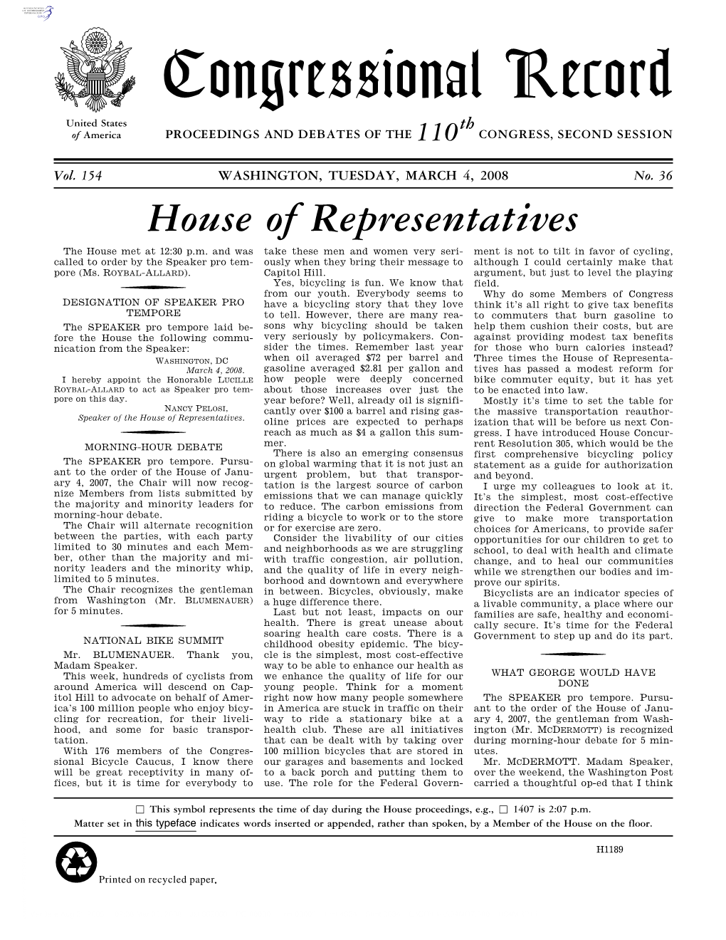 Congressional Record United States Th of America PROCEEDINGS and DEBATES of the 110 CONGRESS, SECOND SESSION