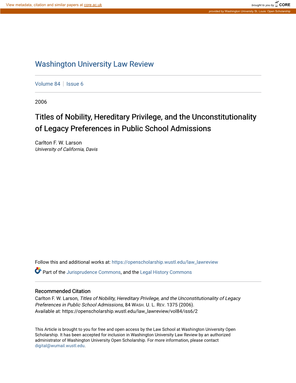 Titles of Nobility, Hereditary Privilege, and the Unconstitutionality of Legacy Preferences in Public School Admissions