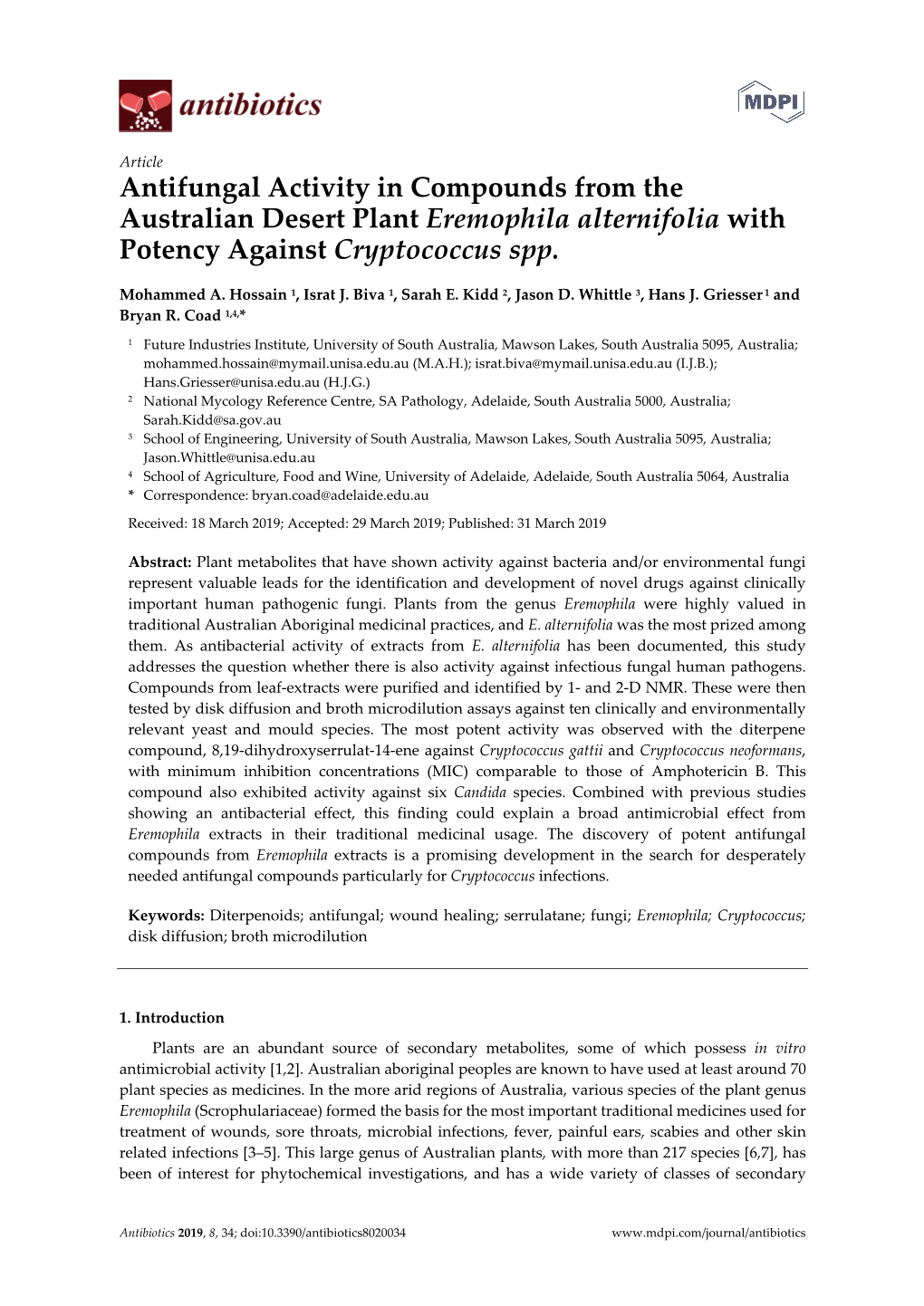 Antifungal Activity in Compounds from the Australian Desert Plant Eremophila Alternifolia with Potency Against Cryptococcus Spp