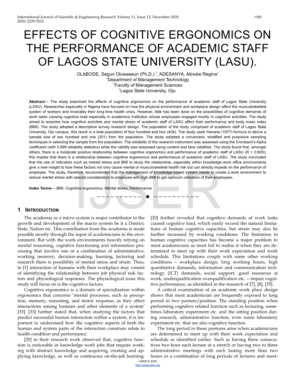 Effects of Cognitive Ergonomics on the Performance of Academic Staff of Lagos State University (Lasu)