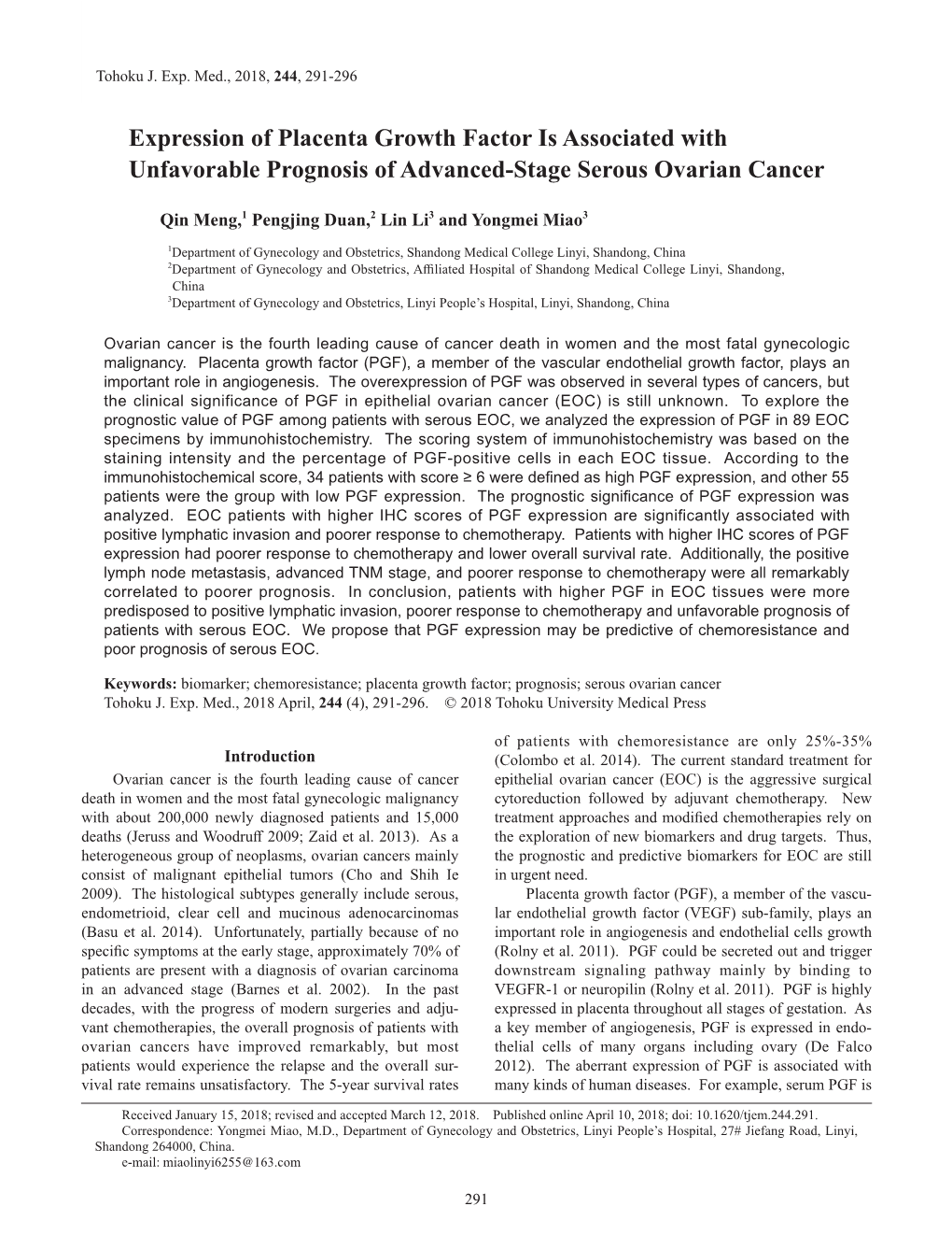 Expression of Placenta Growth Factor Is Associated with Unfavorable Prognosis of Advanced-Stage Serous Ovarian Cancer