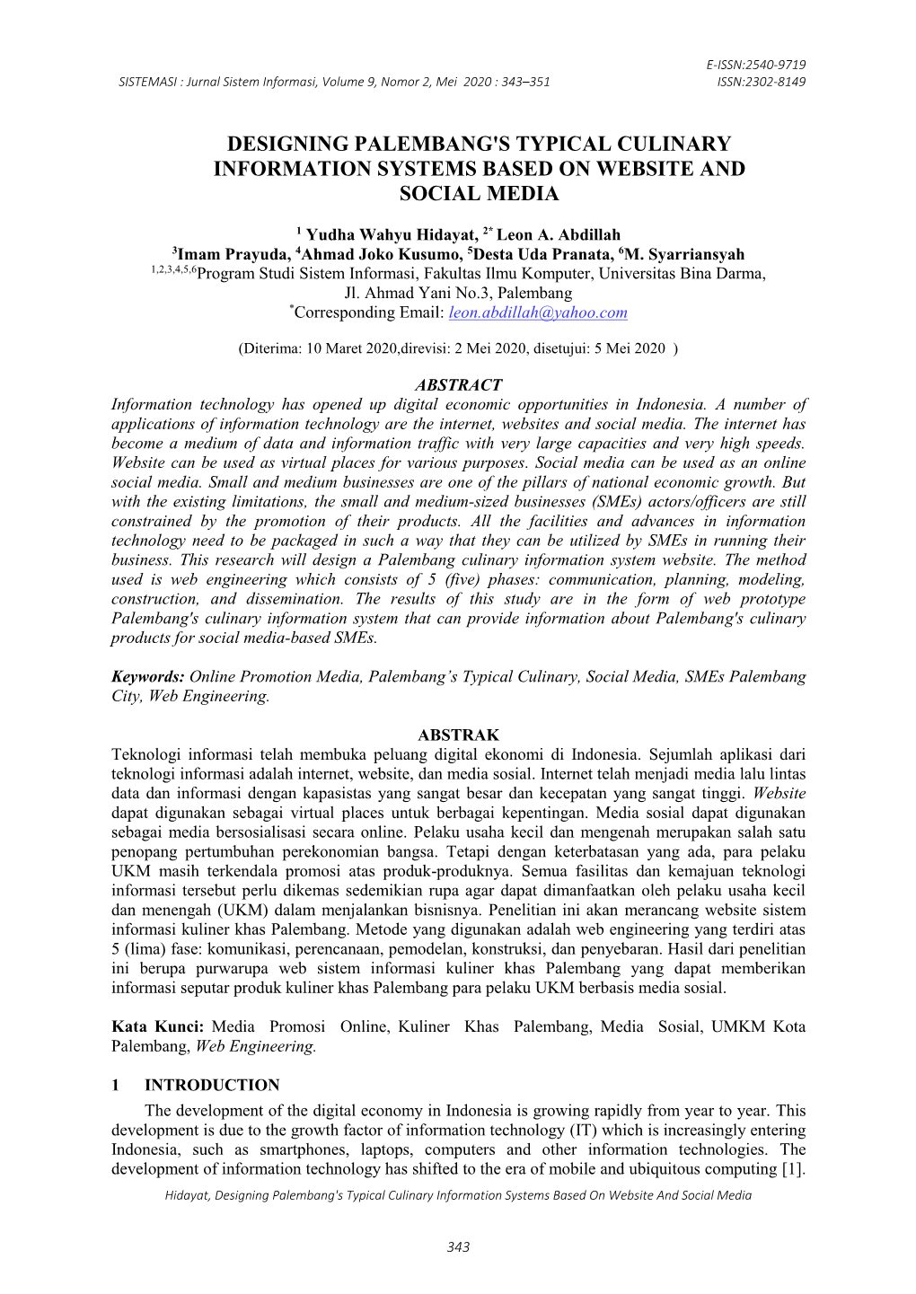 Designing Palembang's Typical Culinary Information Systems Based on Website and Social Media