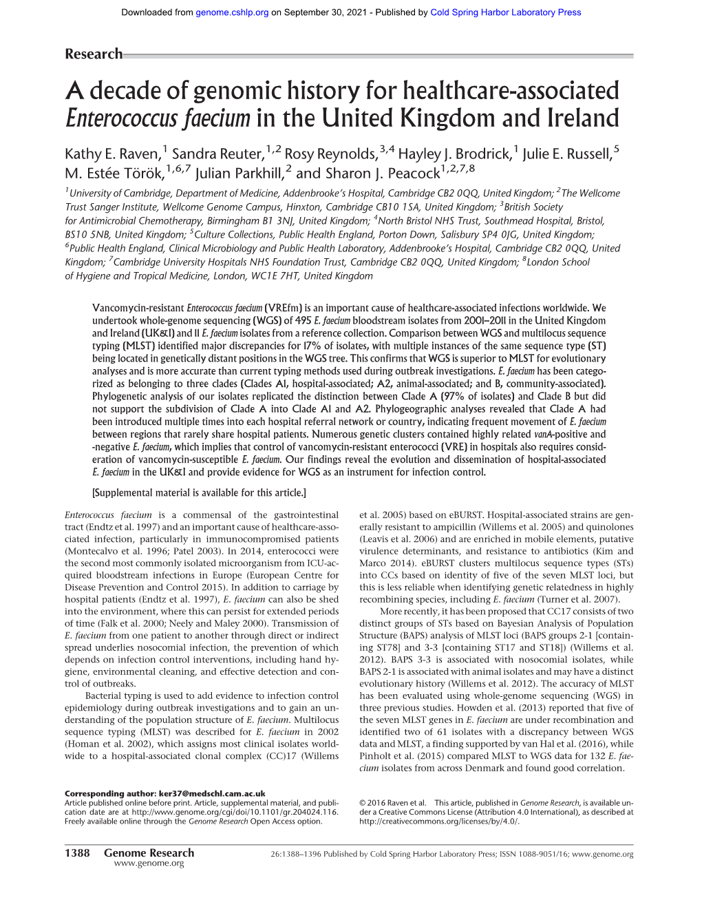 A Decade of Genomic History for Healthcare-Associated Enterococcus Faecium in the United Kingdom and Ireland