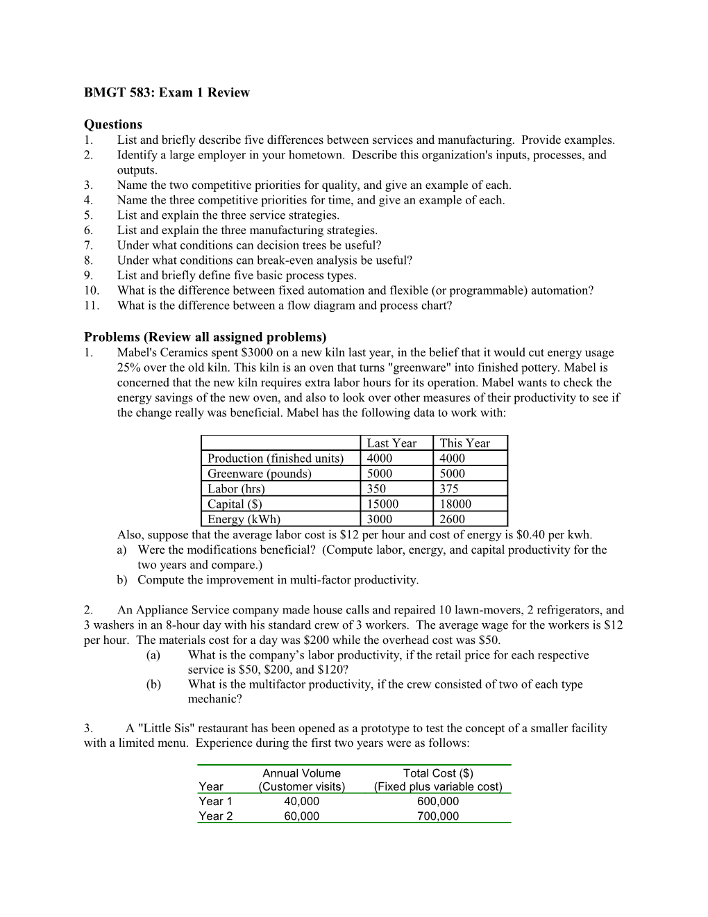 Review Problems for Exam 1