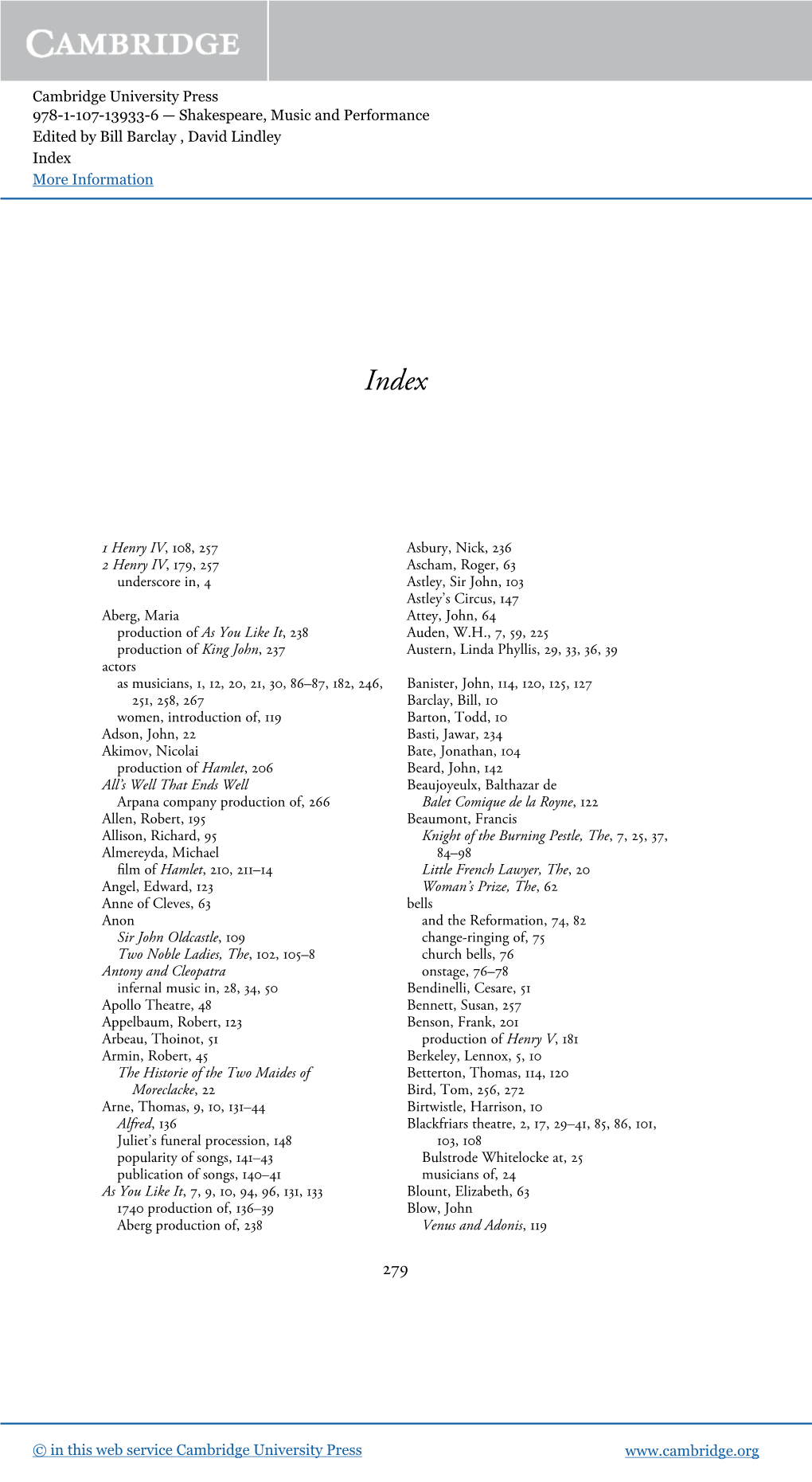 Cambridge University Press 978-1-107-13933-6 — Shakespeare, Music and Performance Edited by Bill Barclay , David Lindley Index More Information