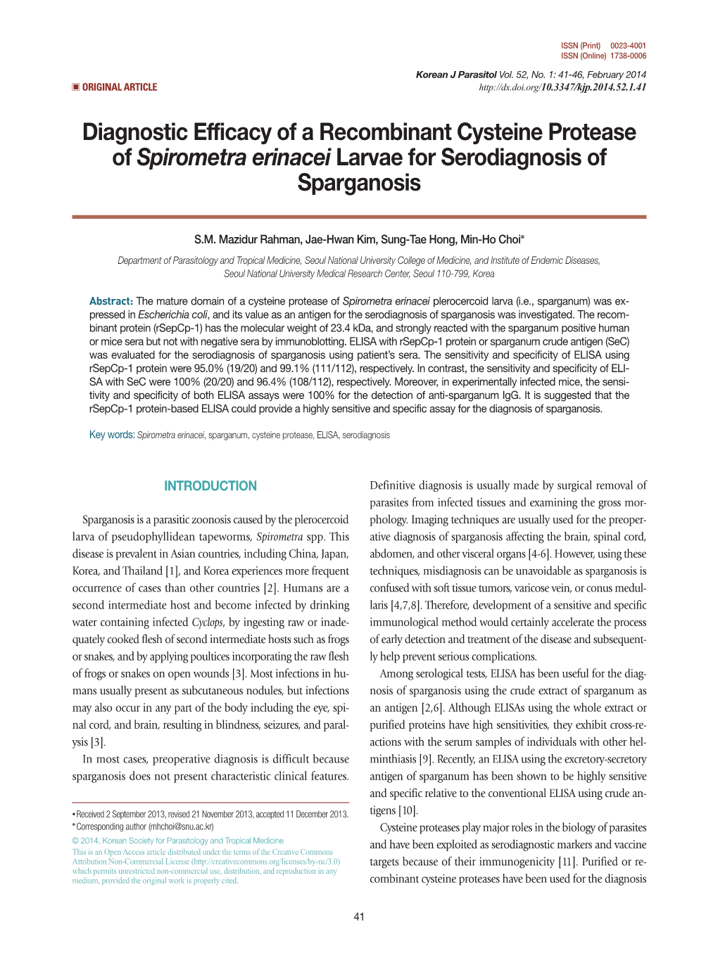 Diagnostic Efficacy of a Recombinant Cysteine Protease of Spirometra Erinacei Larvae for Serodiagnosis of Sparganosis