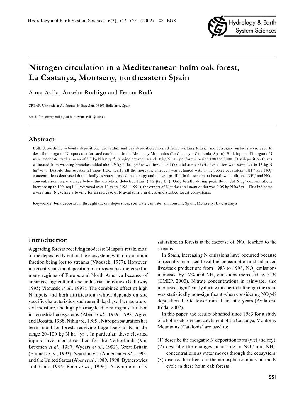 Nitrogen Circulation in a Mediterranean Holm Oak Forest, La Castanya, Montseny, Northeastern Spain