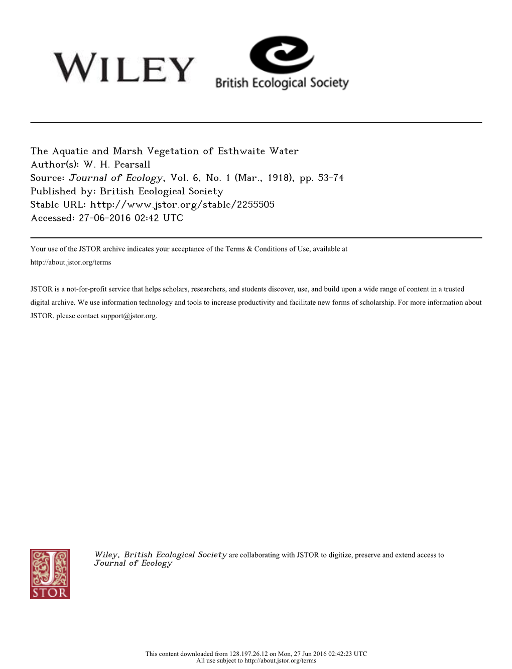 The Aquatic and Marsh Vegetation of Esthwaite Water Author(S): W