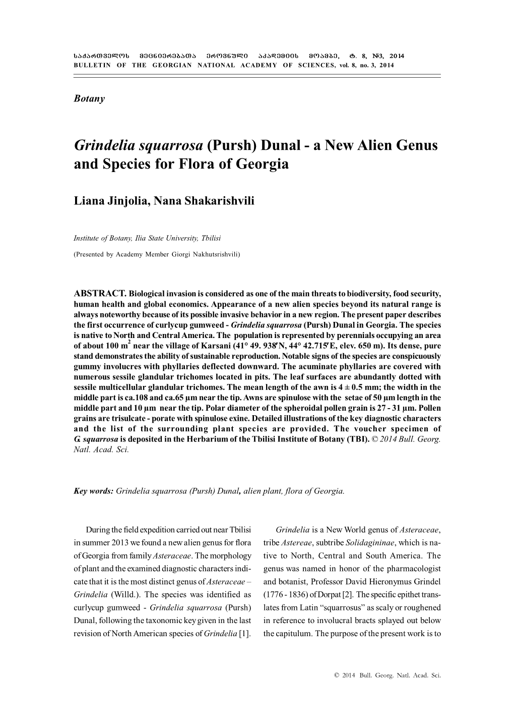 Grindelia Squarrosa (Pursh) Dunal - a New Alien Genus and Species for Flora of Georgia