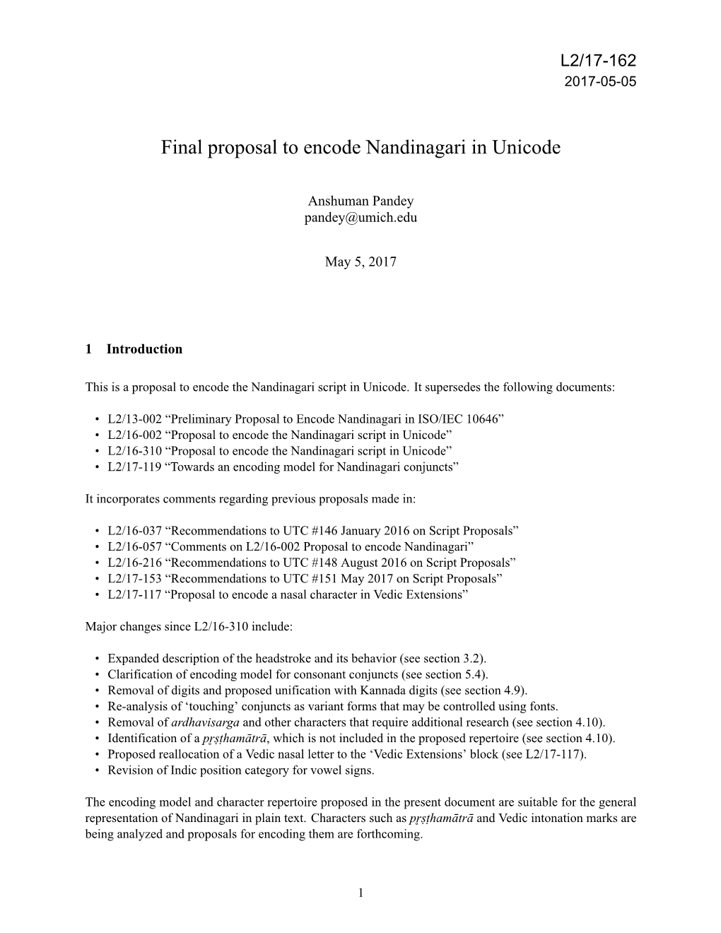 Final Proposal to Encode Nandinagari in Unicode