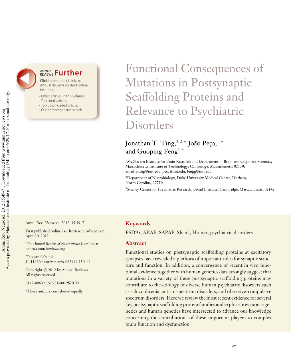 Functional Consequences of Mutations in Postsynaptic Scaffolding Proteins and Relevance to Psychiatric Disorders