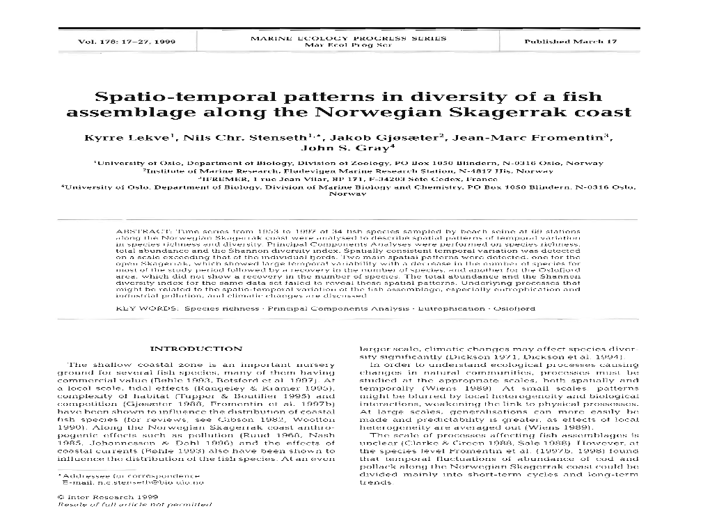 Spatio-Temporal Patterns in Diversity of a Fish Assemblage Along the Norwegian Skagerrak Coast