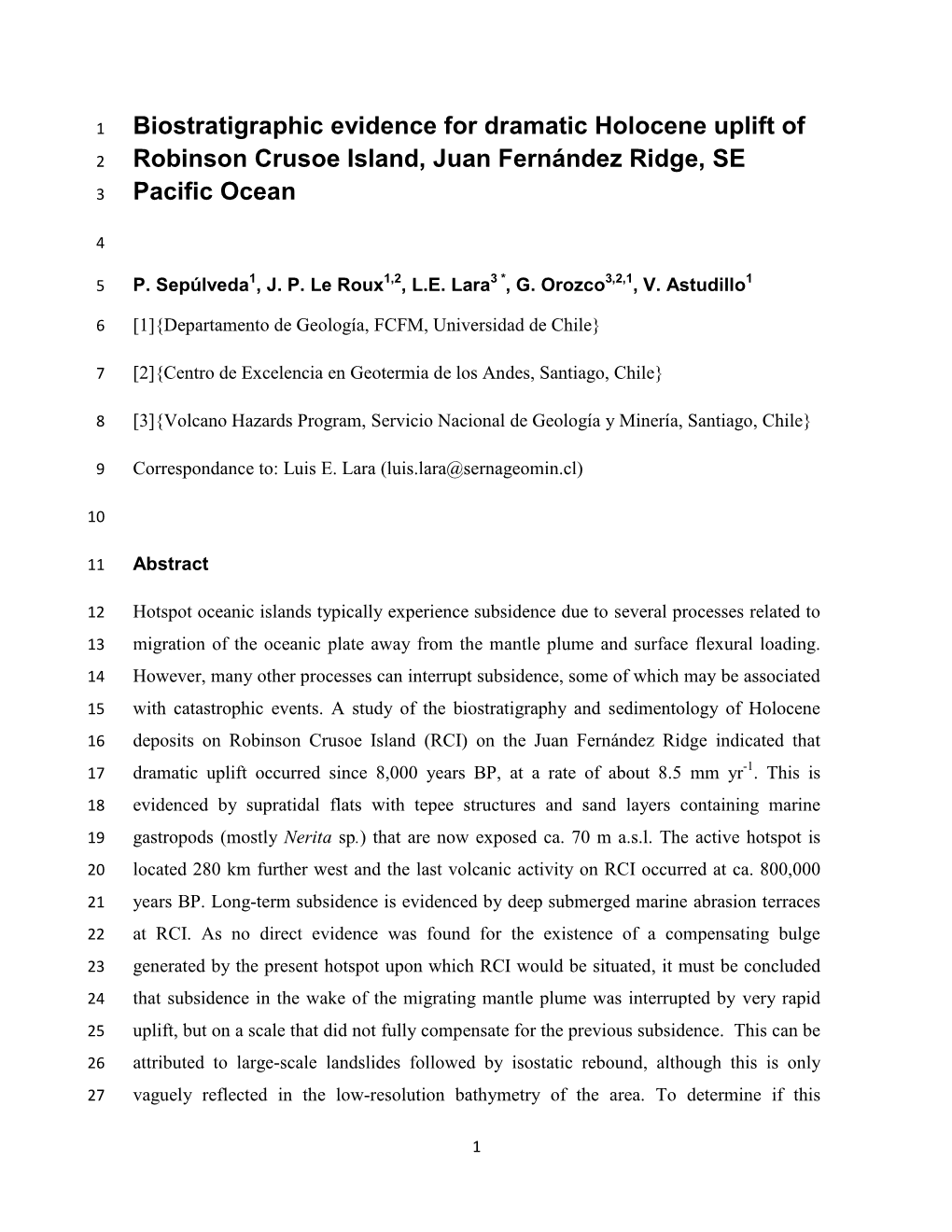 Biostratigraphic Evidence for Dramatic Holocene Uplift of Robinson Crusoe