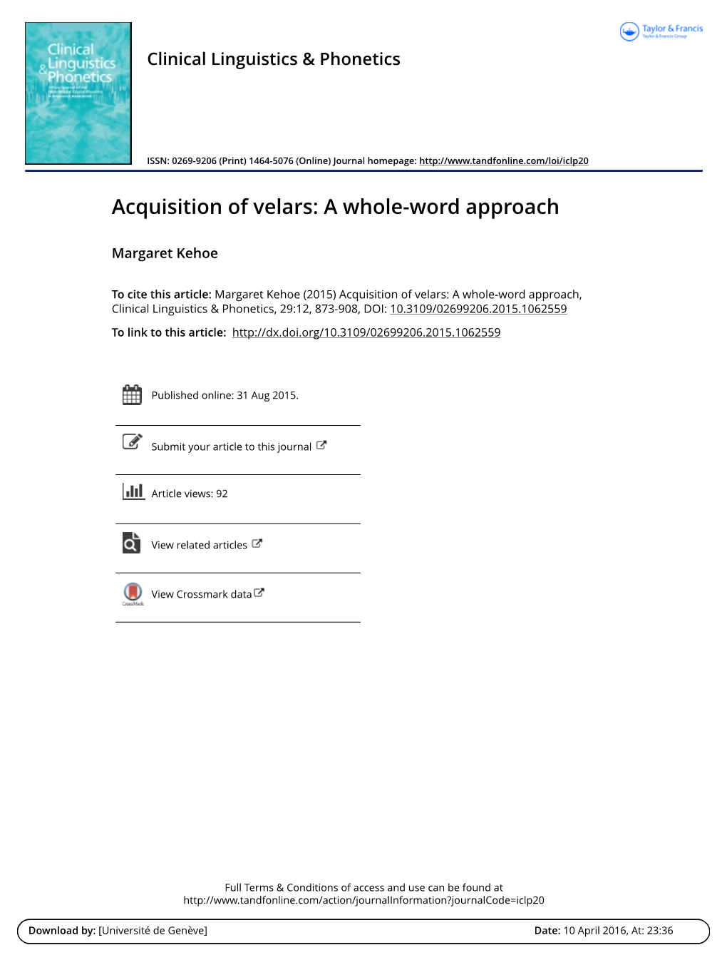 Acquisition of Velars: a Whole-Word Approach