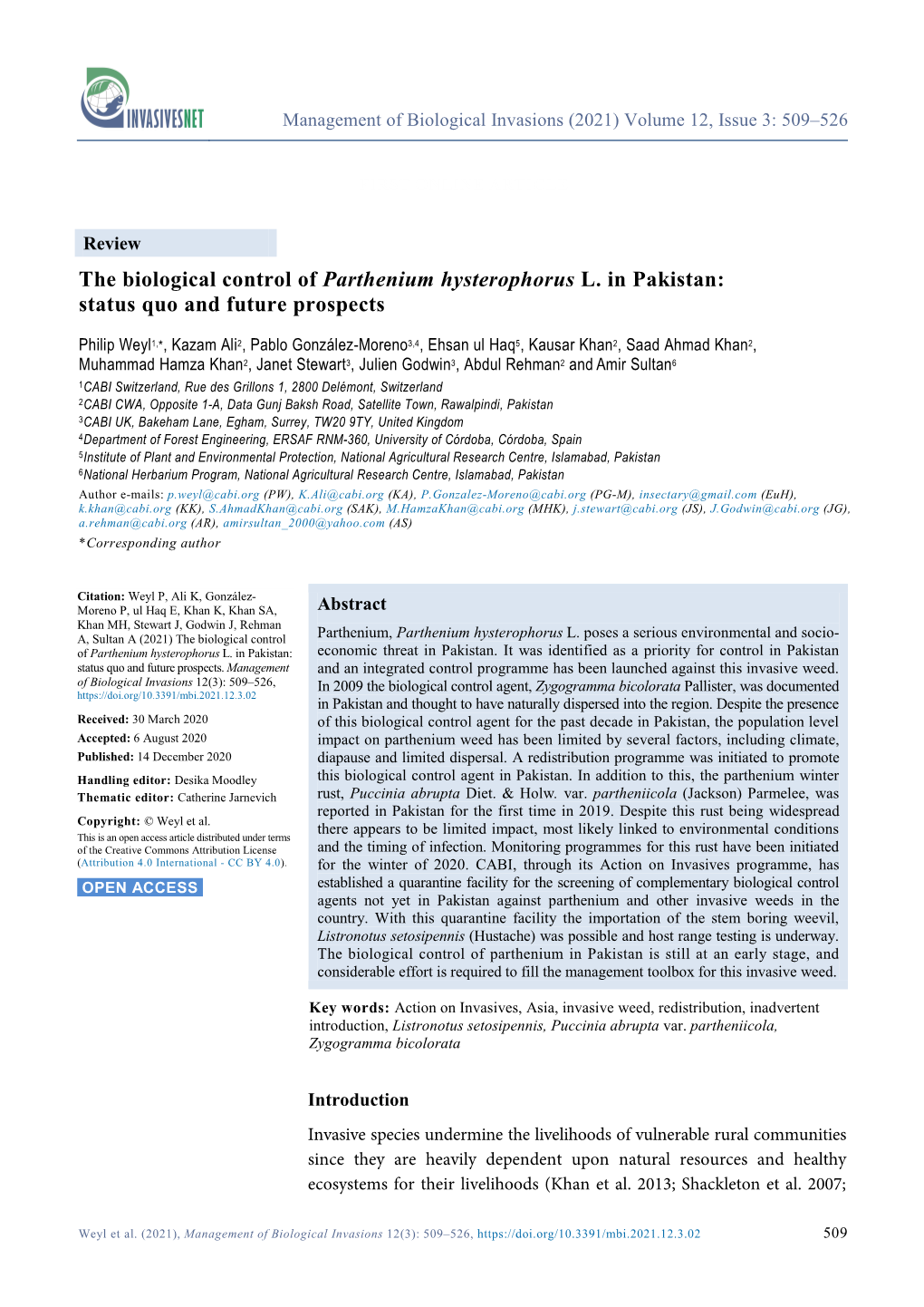 The Biological Control of Parthenium Hysterophorus L. in Pakistan: Status Quo and Future Prospects