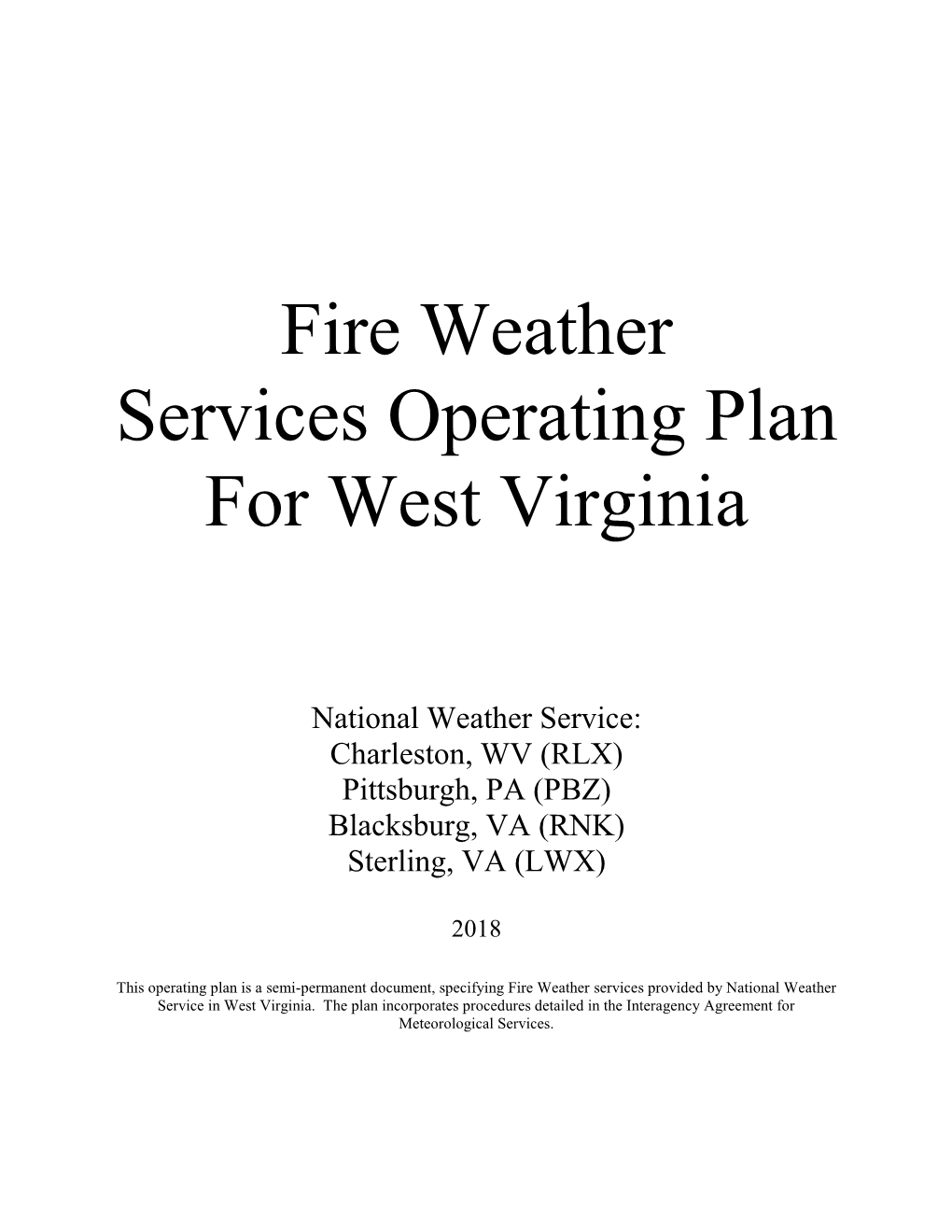 State of West Virginia Fire Weather Services Operating Plan