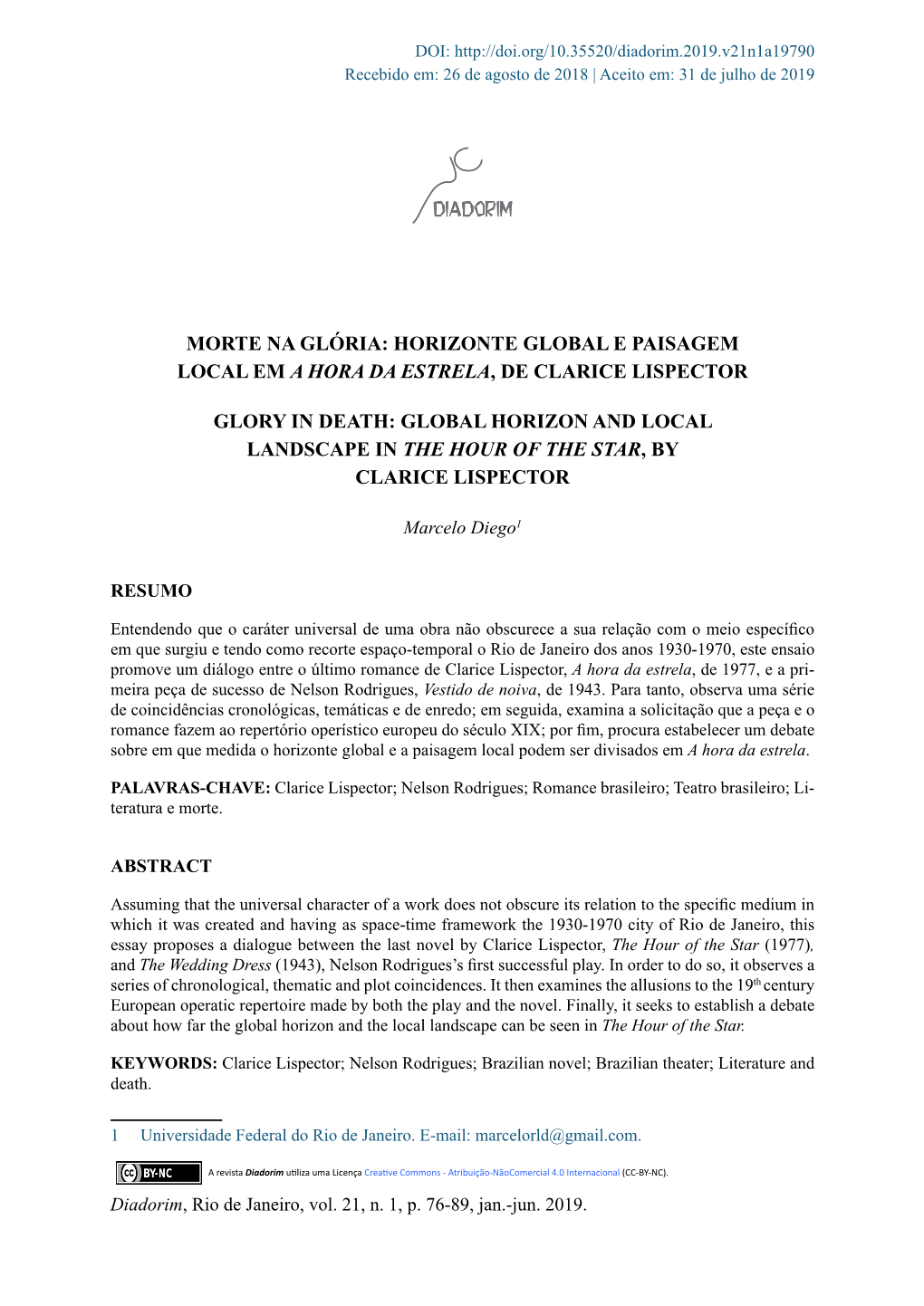 Horizonte Global E Paisagem Local Em a Hora Da Estrela, De Clarice Lispector