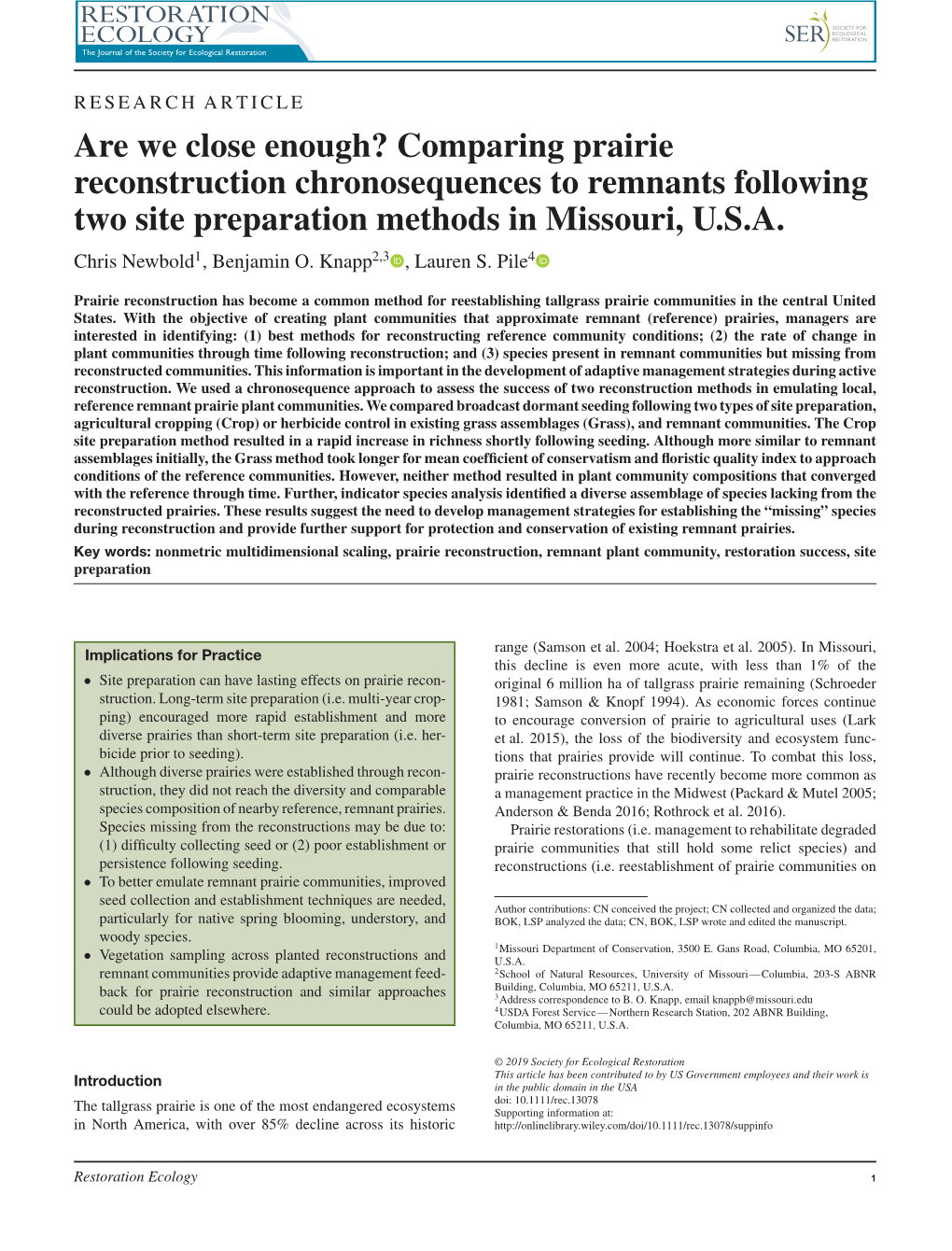 Comparing Prairie Reconstruction Chronosequences to Remnants Following Two Site Preparation Methods in Missouri, U.S.A