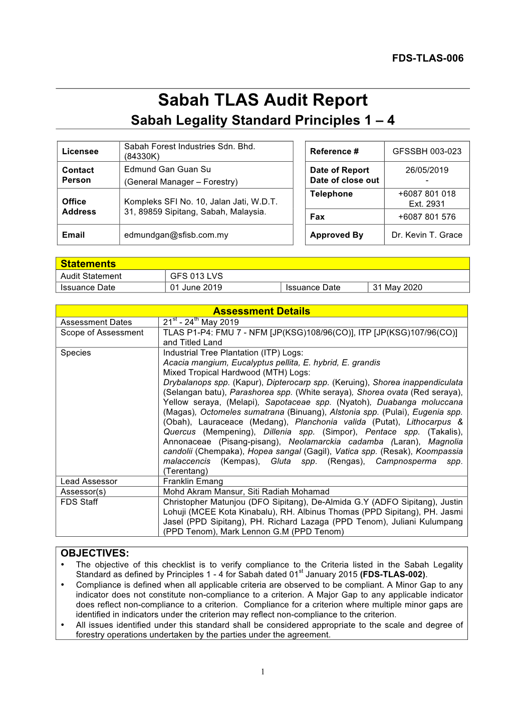 Sabah TLAS Audit Report Sabah Legality Standard Principles 1 – 4