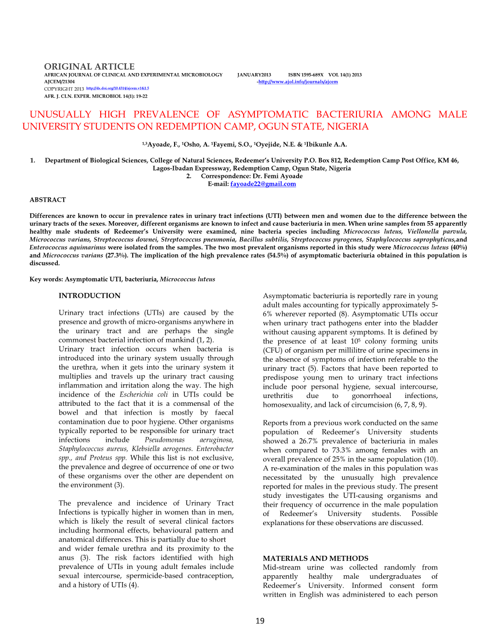 Unusually High Prevalence of Asymptomatic Bacteriuria Among Male University Students on Redemption Camp, Ogun State, Nigeria