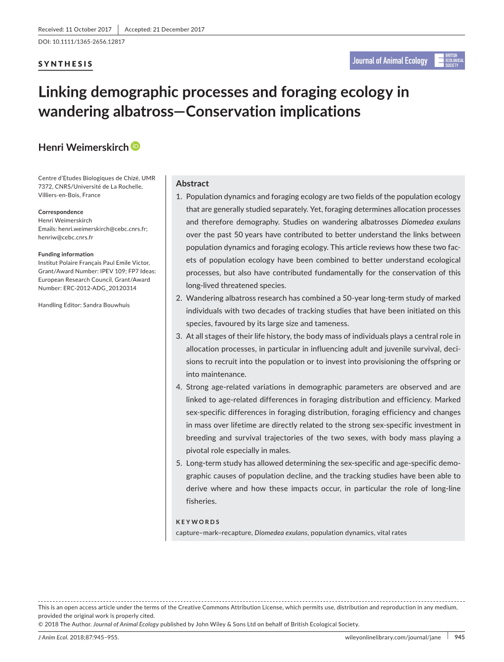 Linking Demographic Processes and Foraging Ecology in Wandering Albatross—Conservation Implications