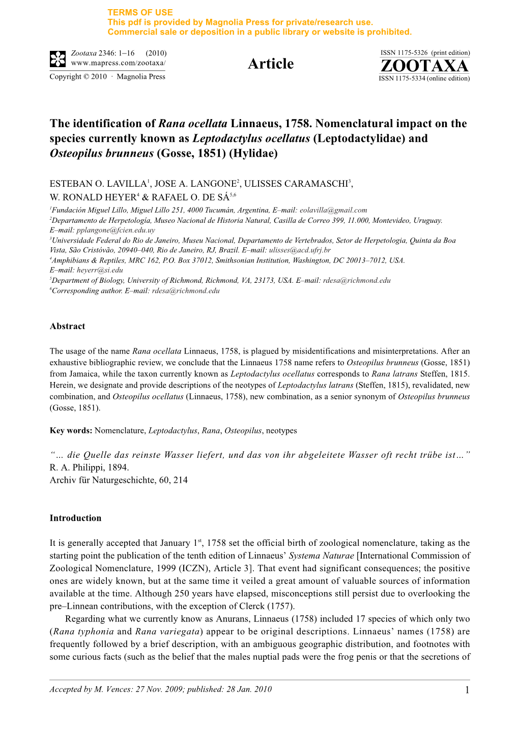 Zootaxa, the Identification of Rana Ocellata Linnaeus, 1758