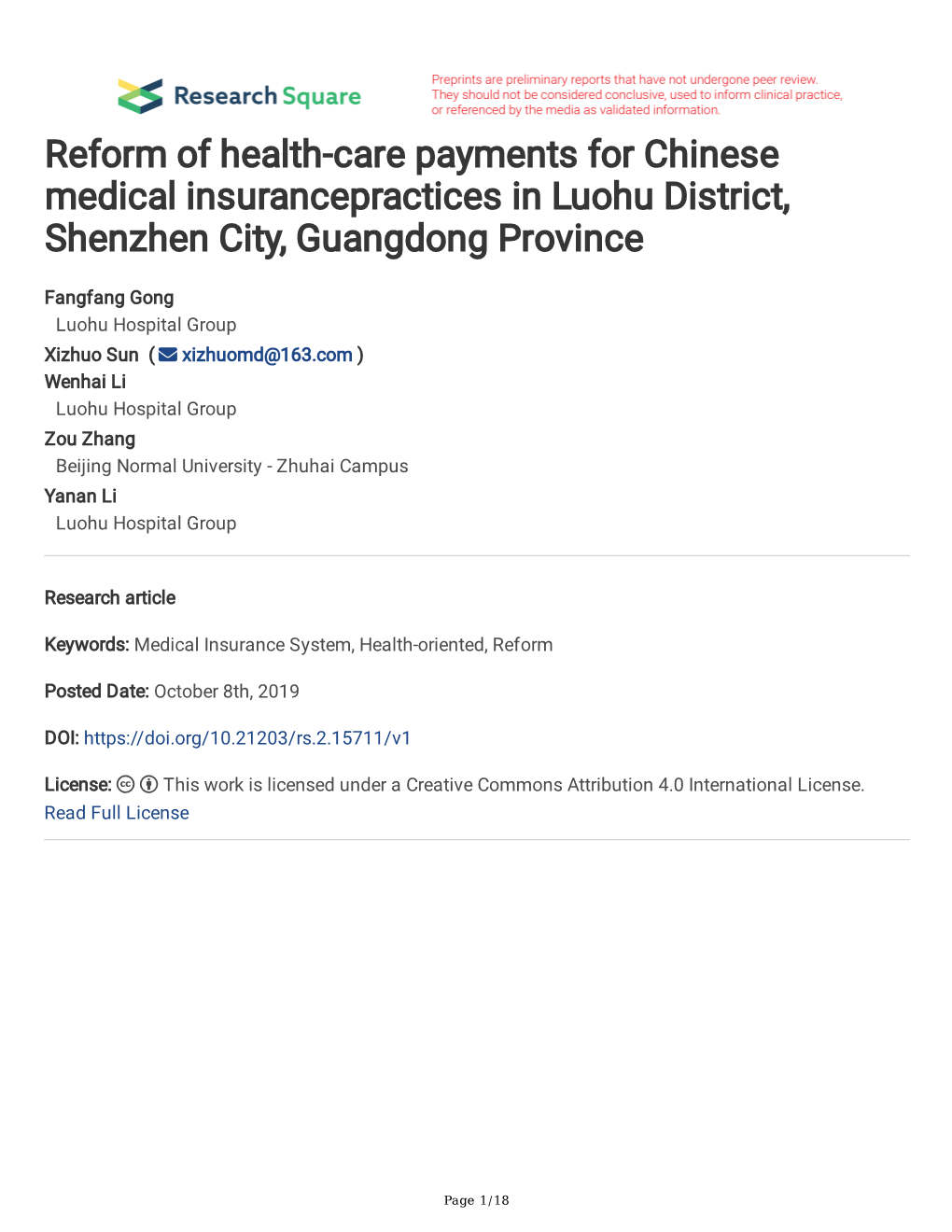 Reform of Health-Care Payments for Chinese Medical Insurancepractices in Luohu District, Shenzhen City, Guangdong Province