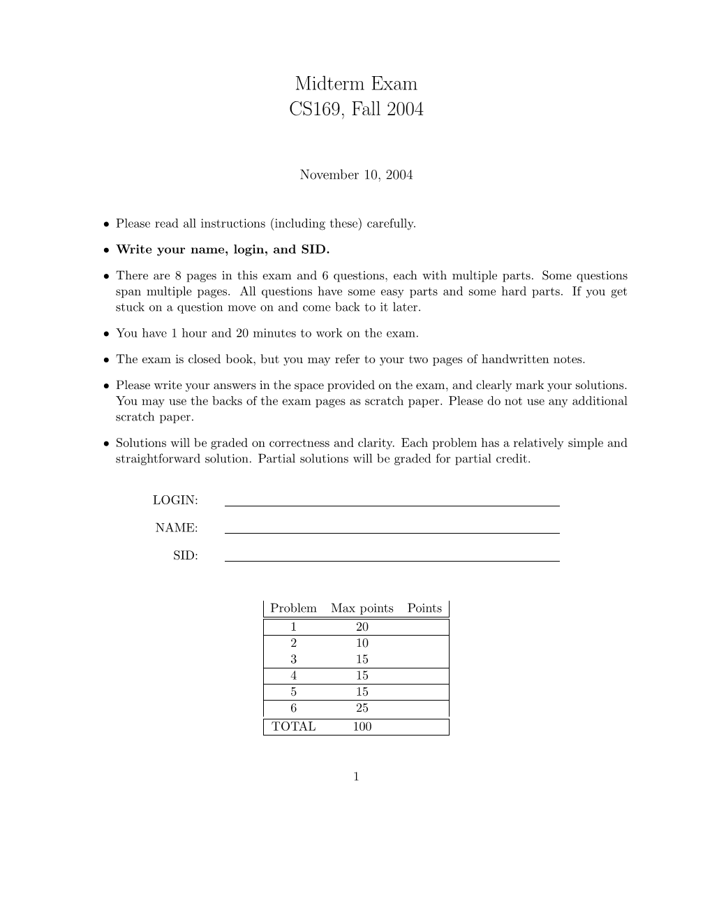 Midterm Exam CS169, Fall 2004