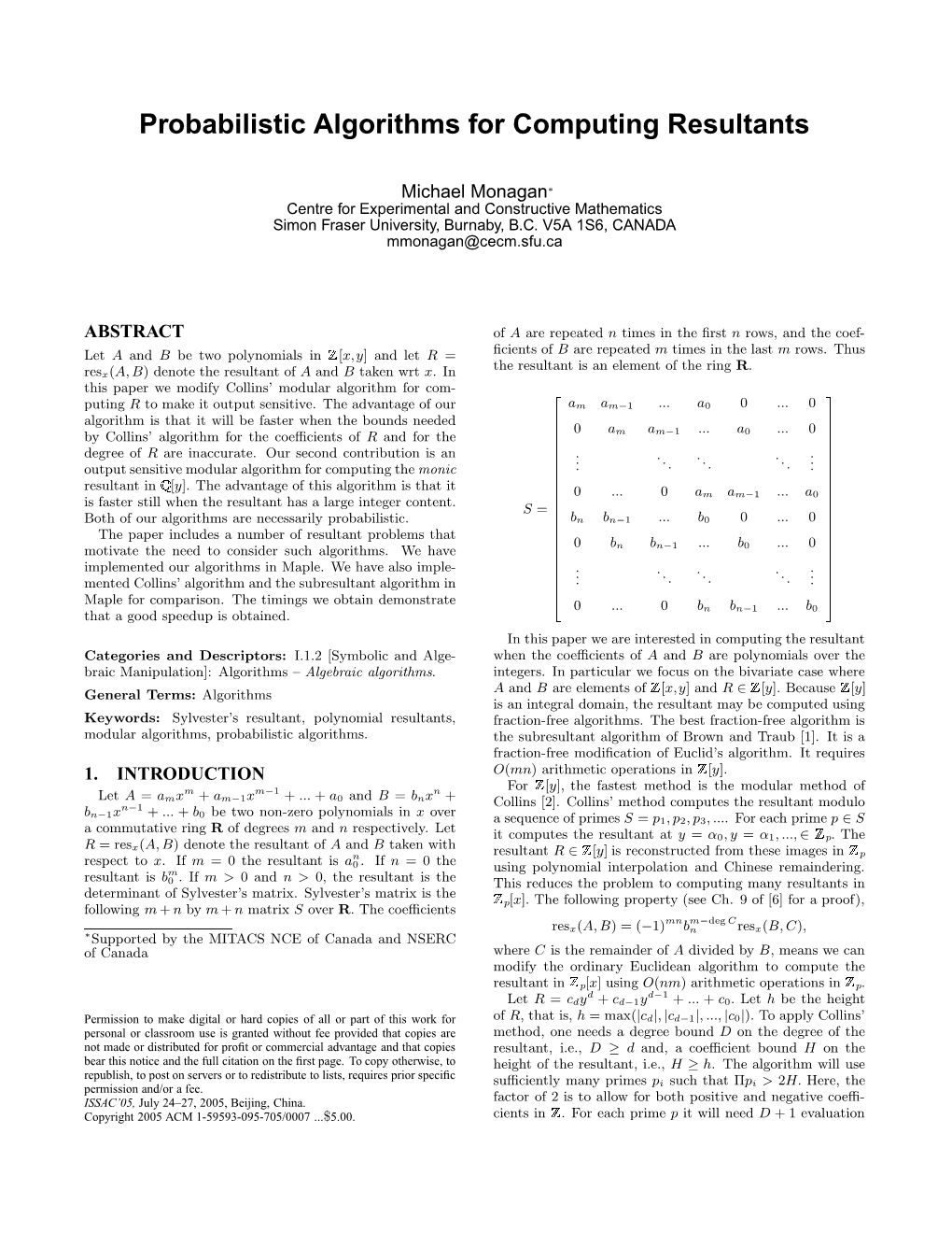 Probabilistic Algorithms for Resultants