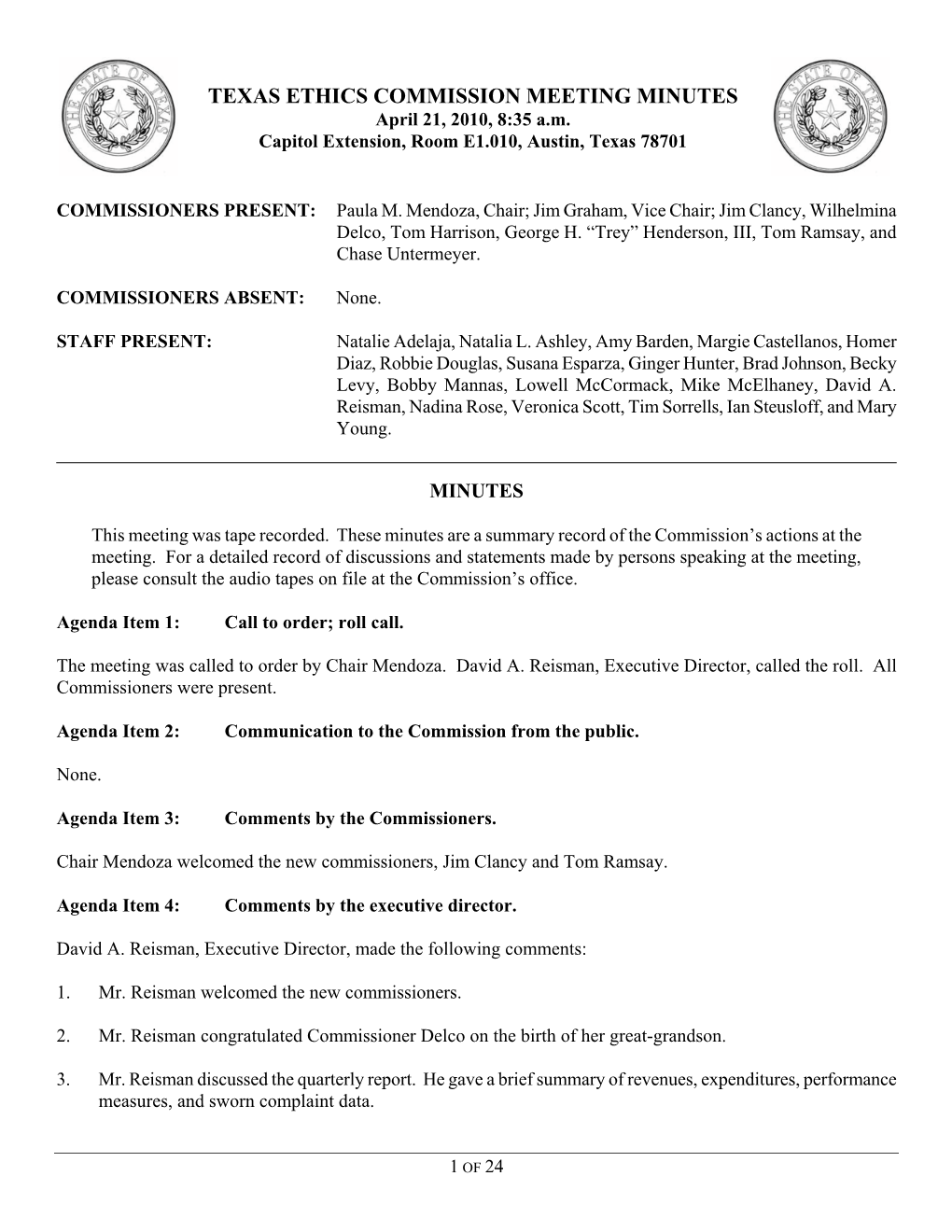 TEXAS ETHICS COMMISSION MEETING MINUTES April 21, 2010, 8:35 A.M