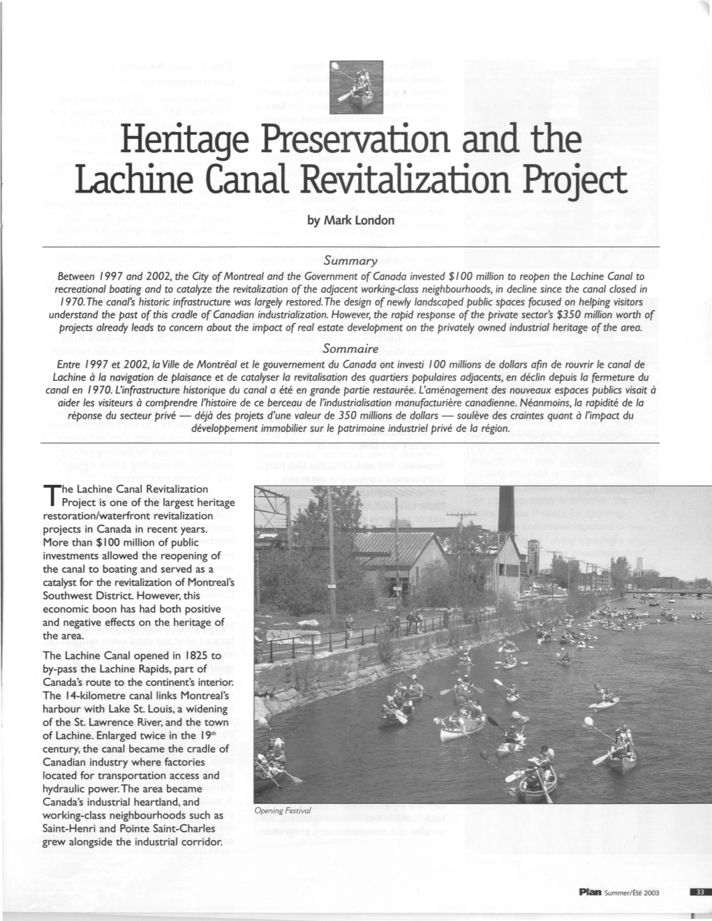 Heritage Preservation and the Lachine Canal Revitalization Project by Mark London