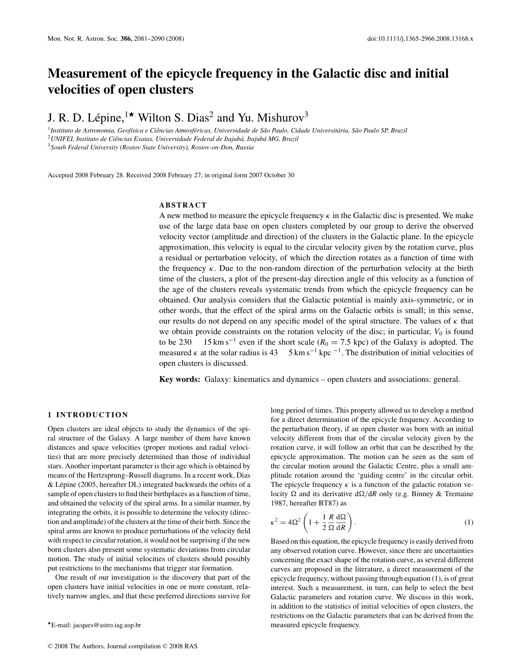 Measurement of the Epicycle Frequency in the Galactic Disc and Initial Velocities of Open Clusters