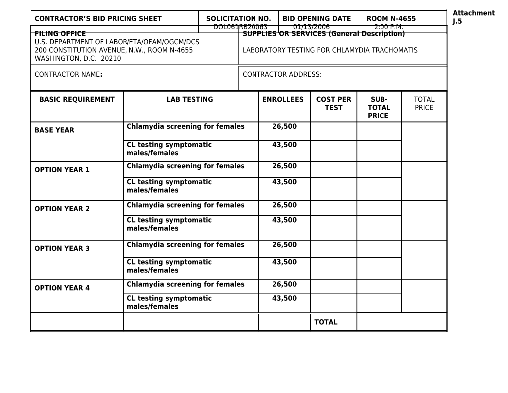 Contractor S Bid Pricing Sheet