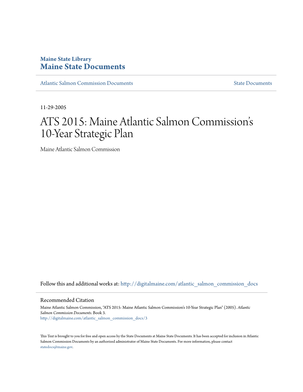 Maine Atlantic Salmon Commission's 10-Year Strategic Plan