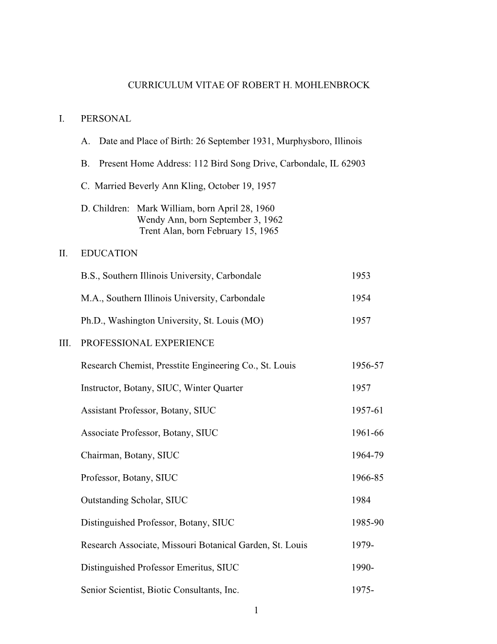 Curriculum Vitae of Robert H. Mohlenbrock