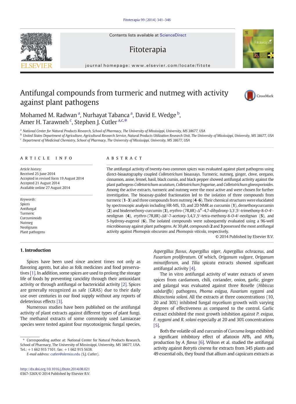 Antifungal Compounds from Turmeric and Nutmeg with Activity Against Plant Pathogens