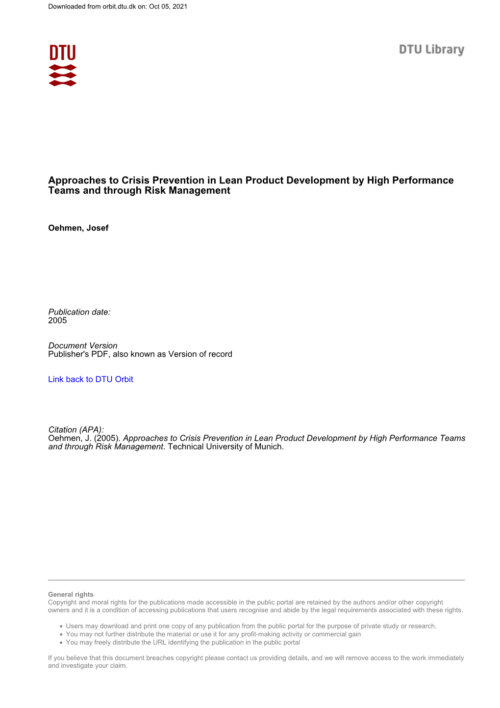 Approaches to Crisis Prevention in Lean Product Development by High Performance Teams and Through Risk Management