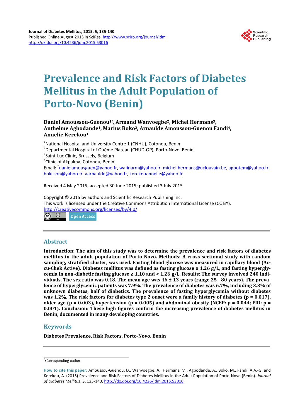 Prevalence and Risk Factors of Diabetes Mellitus in the Adult Population of Porto-Novo (Benin)